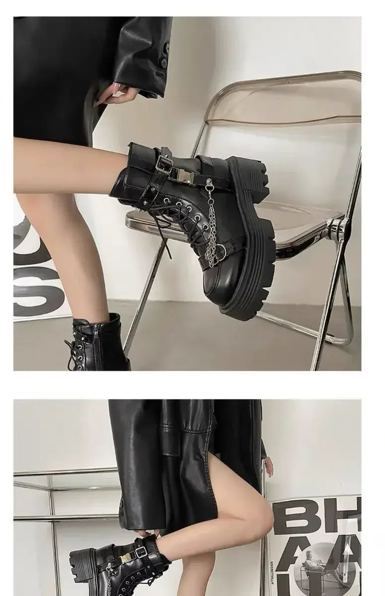 Novas Botas Femininas 2025: Botas Curtas Góticas com Rebites e Correntes, Design Moderno, Estilo Rock e Punk com Detalhes Metálicos