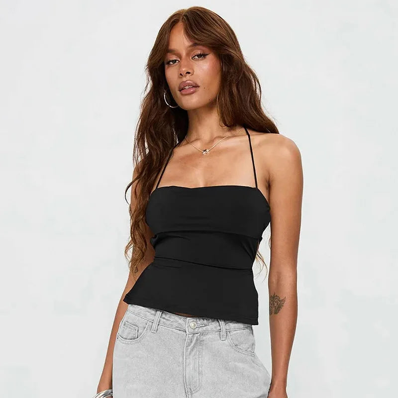 Laço de volta espartilho topo pescoço-montado colheita topo feminino roupas ousado y2k acessórios sem costas sexy clube outfit camison verano ropa mujer