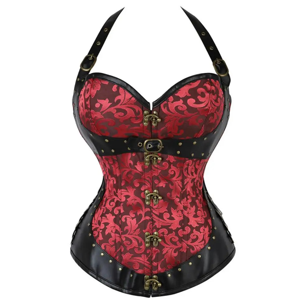 Corset Feminino Estilo Vitoriano Gótico com Alça no Pescoço e Botões - Top Modelador Bustiê