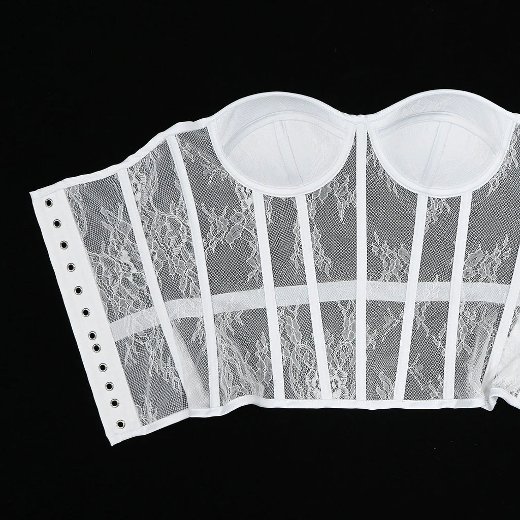 Aço osso korset mulher oco para fora sutiã de renda sem alças bustier superior malha lingerie feminina preto branco biege espartilho