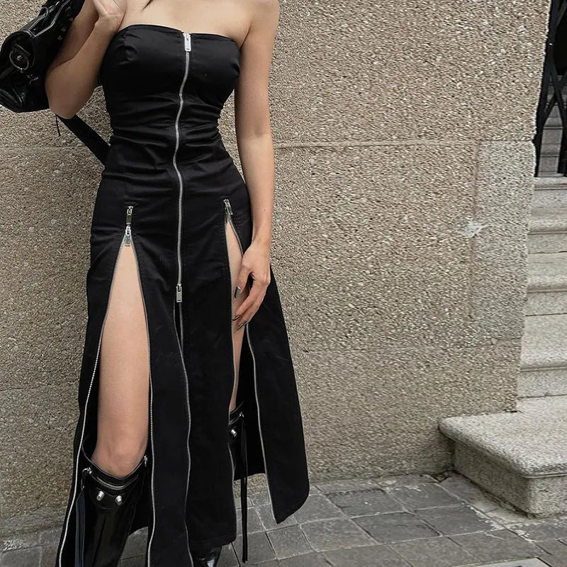 Goth escuro techwear moda zip up midi vestidos cyber y2k shopping gótico split feminino tubo vestido partywear punk fora do ombro outfits