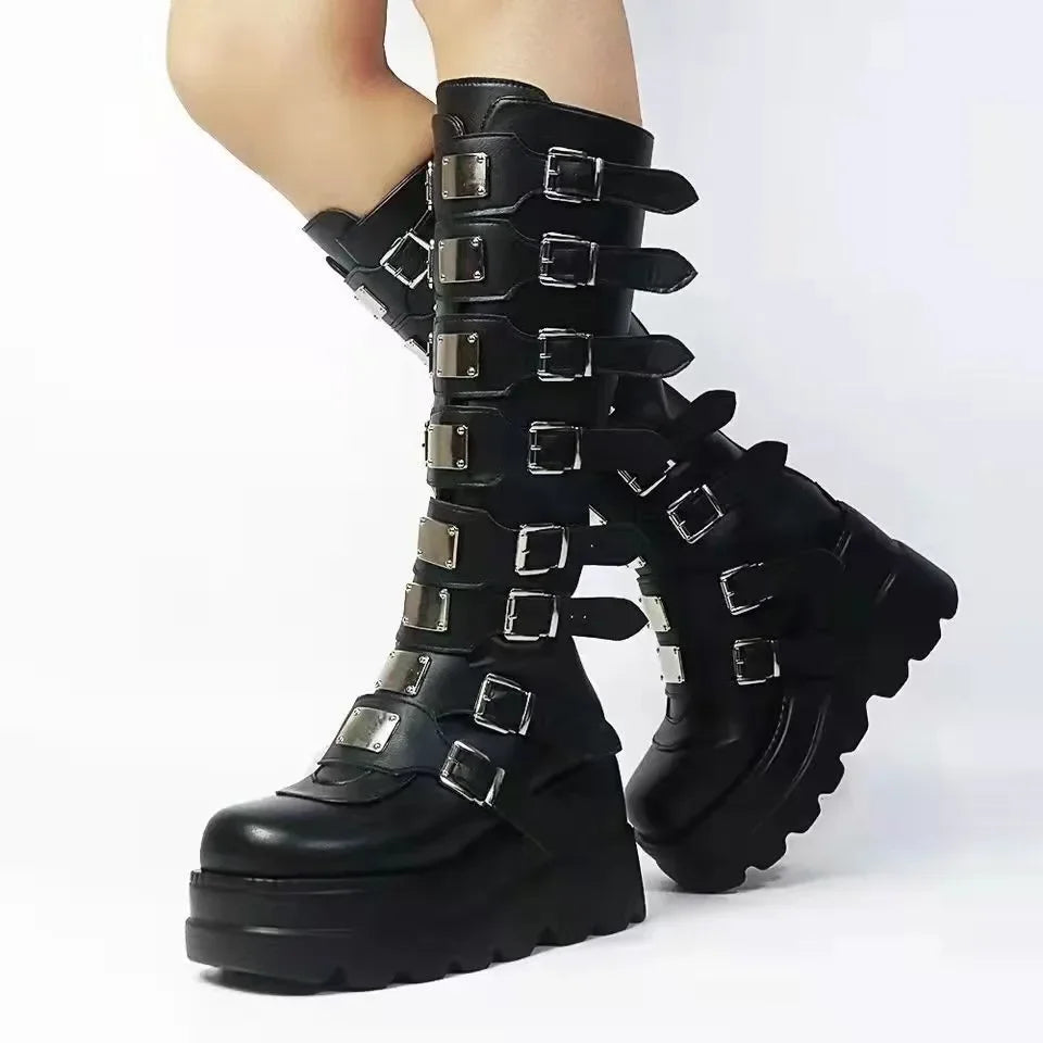 Botas longas para mulheres sapatos góticos plataforma joelho botas altas punk preto sexy motocicletas botas novo halloween cosplay sapatos femininos