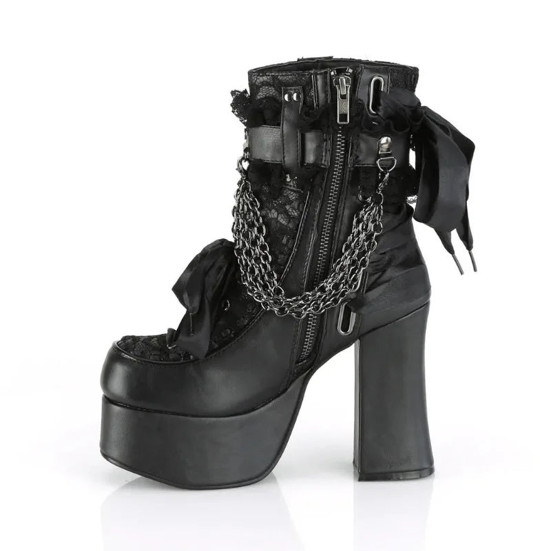 Estilo gótico corrente rendas até arco botas curtas femininas retro dedo do pé redondo salto quadrado plataforma grossa tornozelo botas punk senhoras sapatos de festa