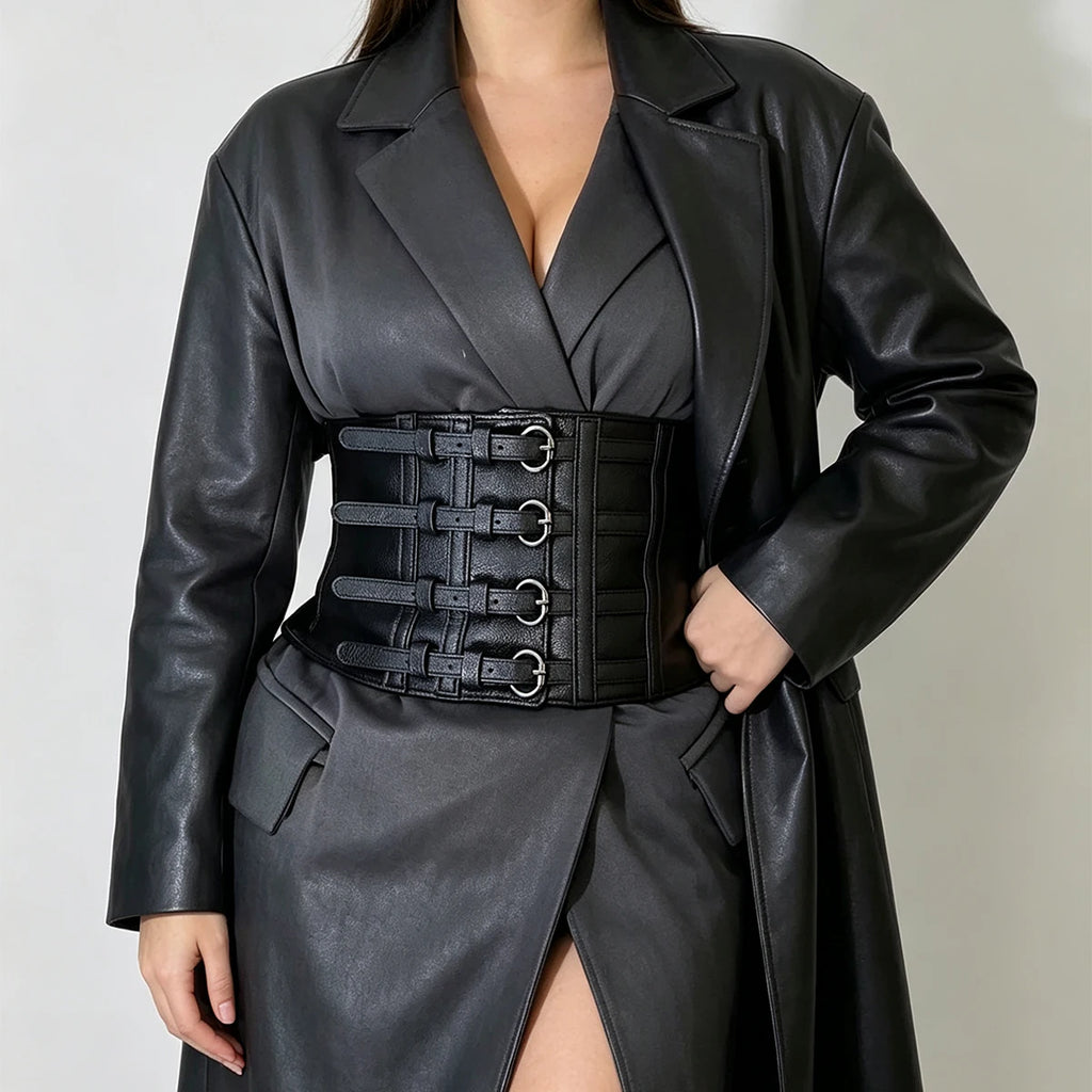 Novo Cinto Largo Punk Preto em Couro PU para Mulheres, Cintos Modeladores de Cintura Alta Elásticos, Cintos Pretos para Vestidos Femininos.