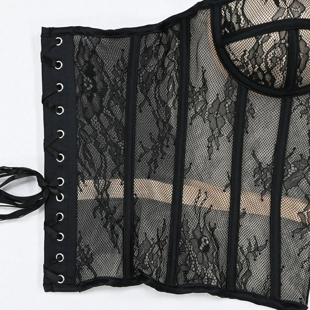 Aço osso korset mulher oco para fora sutiã de renda sem alças bustier superior malha lingerie feminina preto branco biege espartilho