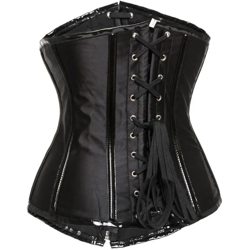 Corset Gótico Steampunk Underbust Preto e Vermelho com Espiral de Aço, Treinador de Cintura, Bustiê com Zíper e Fivelas, Corselete Modelador