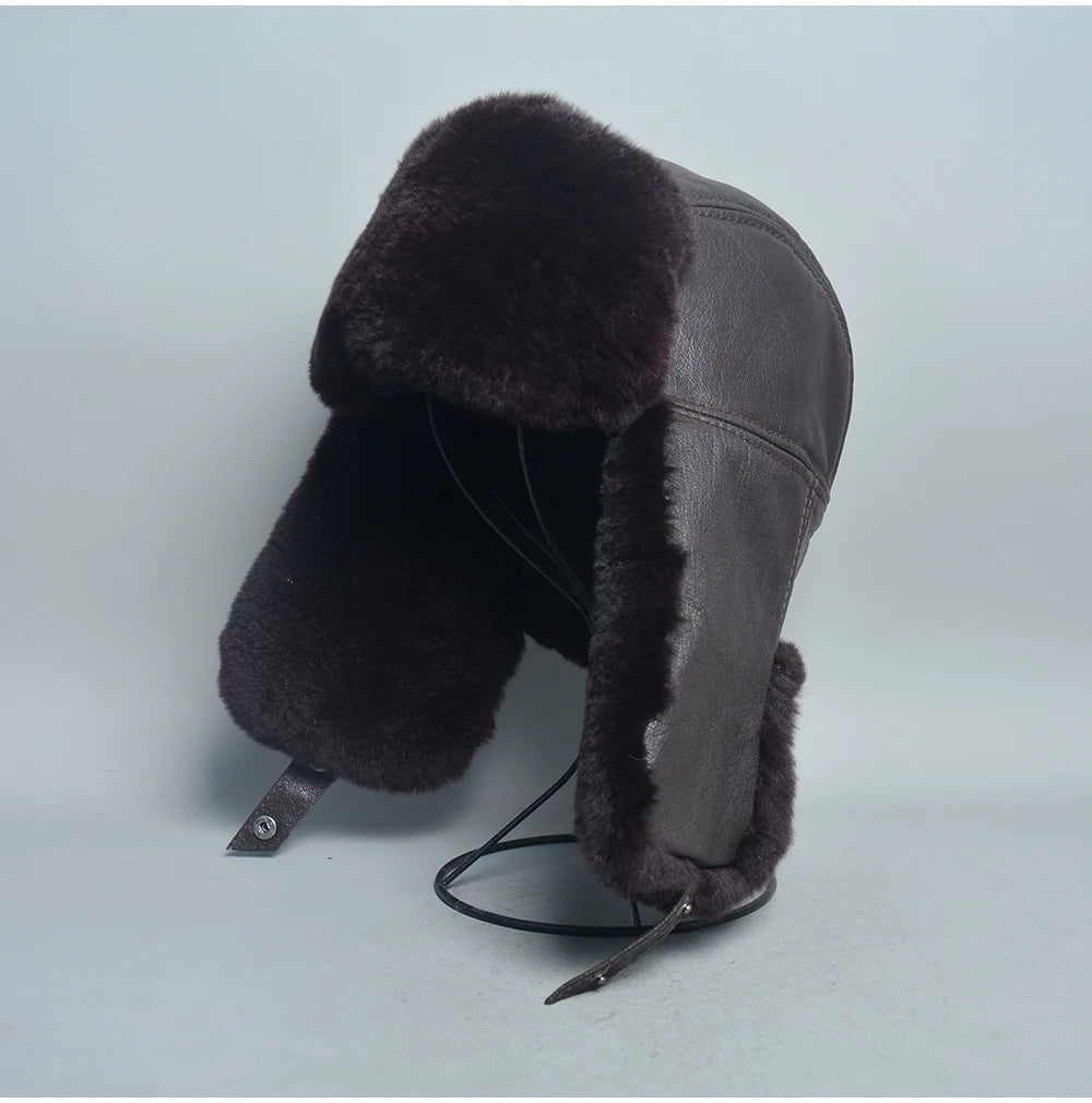 Novo unissex real rex pele de coelho bombardeiro chapéu ushanka boné trapper russo das mulheres dos homens chapéus de esqui bonés de couro de pele de carneiro real inverno quente