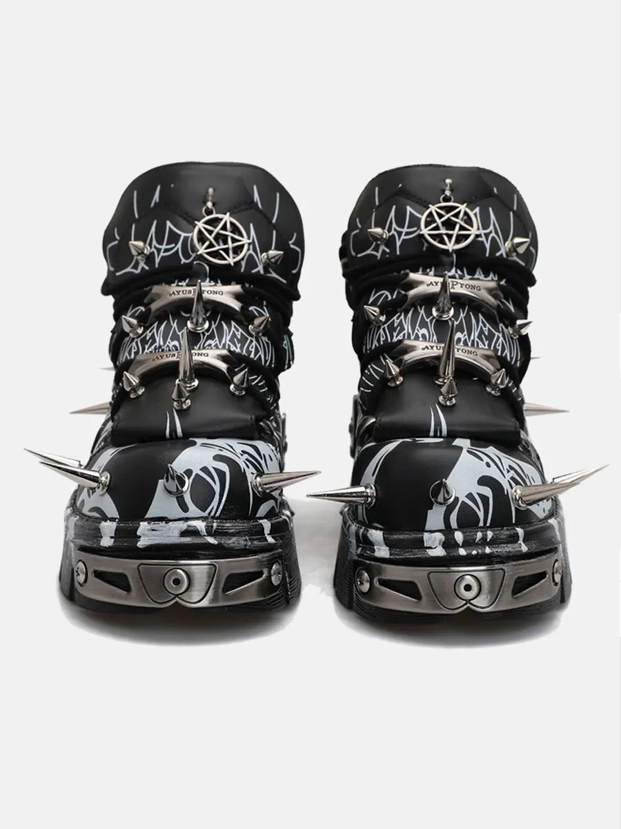 2026 Novo Design Original Plataforma Graffiti Unissex com Rebites Escuros Estilo Rock Punk, Tênis Casual Dad Shoes com Sola Plataforma