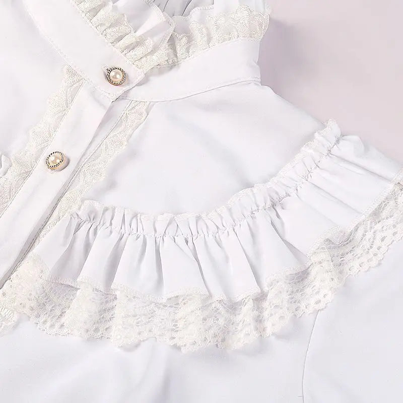 Nova Chegada Verão 2026: Blusa Feminina Vintage com Gola Franzida, Gola Alta, Detalhe em Renda e Botões – Elegante Estilo Gótico