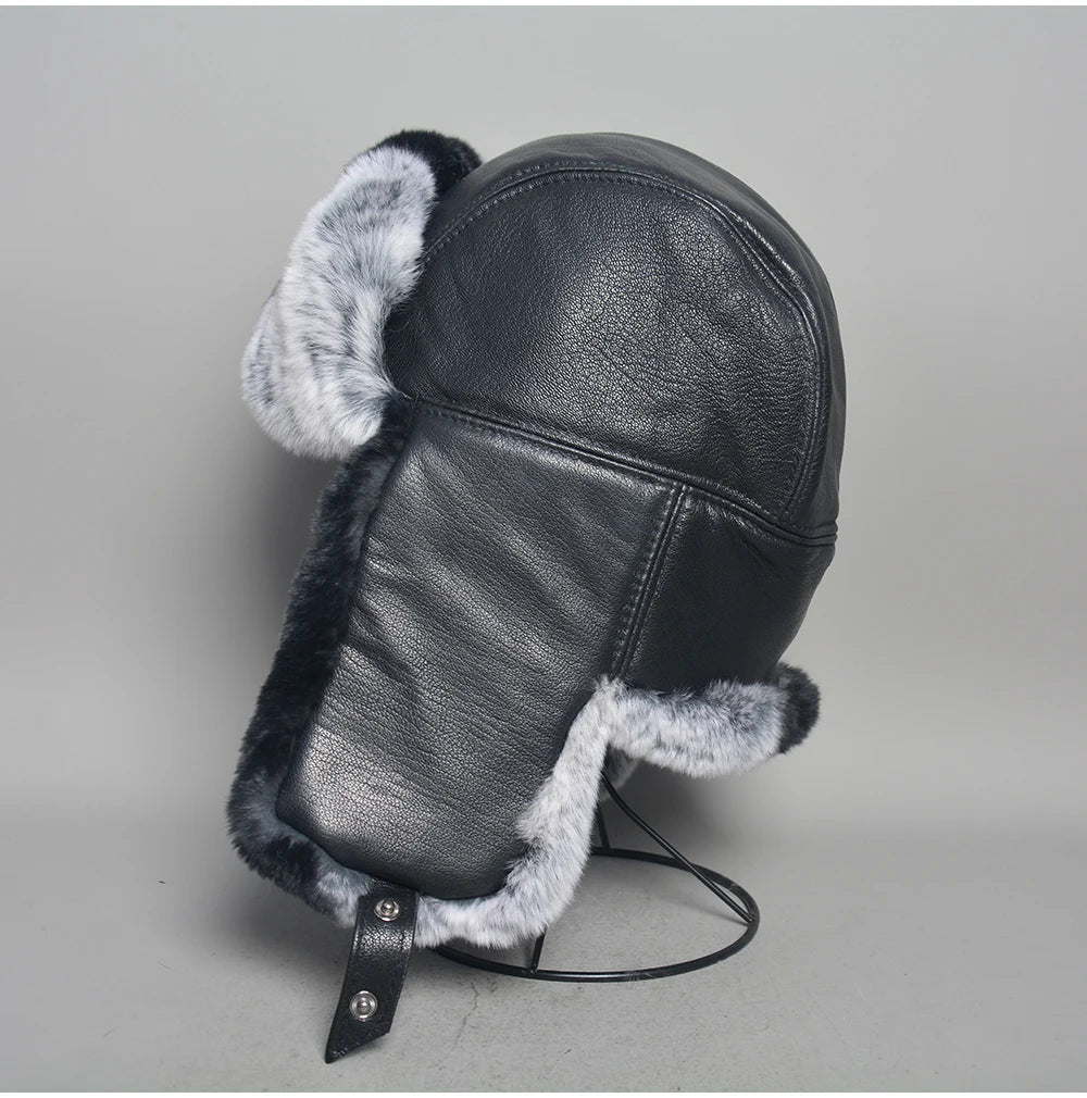 Novo unissex real rex pele de coelho bombardeiro chapéu ushanka boné trapper russo das mulheres dos homens chapéus de esqui bonés de couro de pele de carneiro real inverno quente