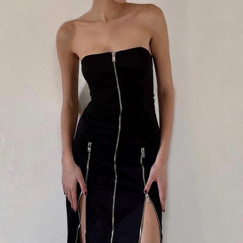 Goth escuro techwear moda zip up midi vestidos cyber y2k shopping gótico split feminino tubo vestido partywear punk fora do ombro outfits