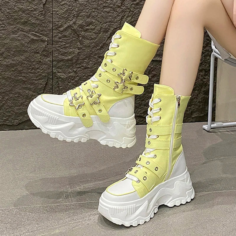 Moda botas de plataforma grossa mulheres punk estrela fivela cinta alta superior tênis mulher outono inverno fundo grosso botas de motocicleta
