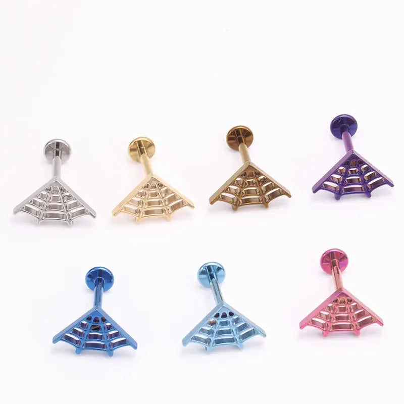 Astm f136 titânio grande aranha web laboratório piercing punk gótico orelha helix plana tragus piercing labret festa de halloween jóias do corpo