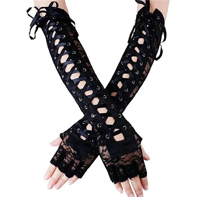 Luvas de Renda Gótica Fishnet até o Cotovelo