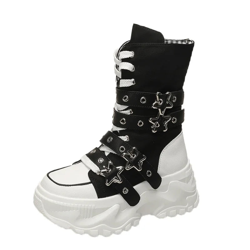 Novas Botas Femininas Y2K Rock Plataforma Verão 2026 Góticas com Fivela de Cinto de Estrela de Metal, Sola Grossa, Cano Médio, Calçados Punk de Designer