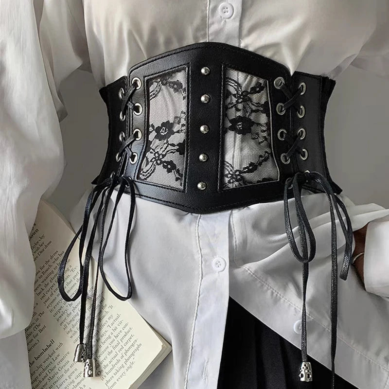 Elástico plus size rendas espartilho cintos para mulheres ampla estiramento cummerbunds feminino goth punk vestido espartilho cinto marrom branco cintura