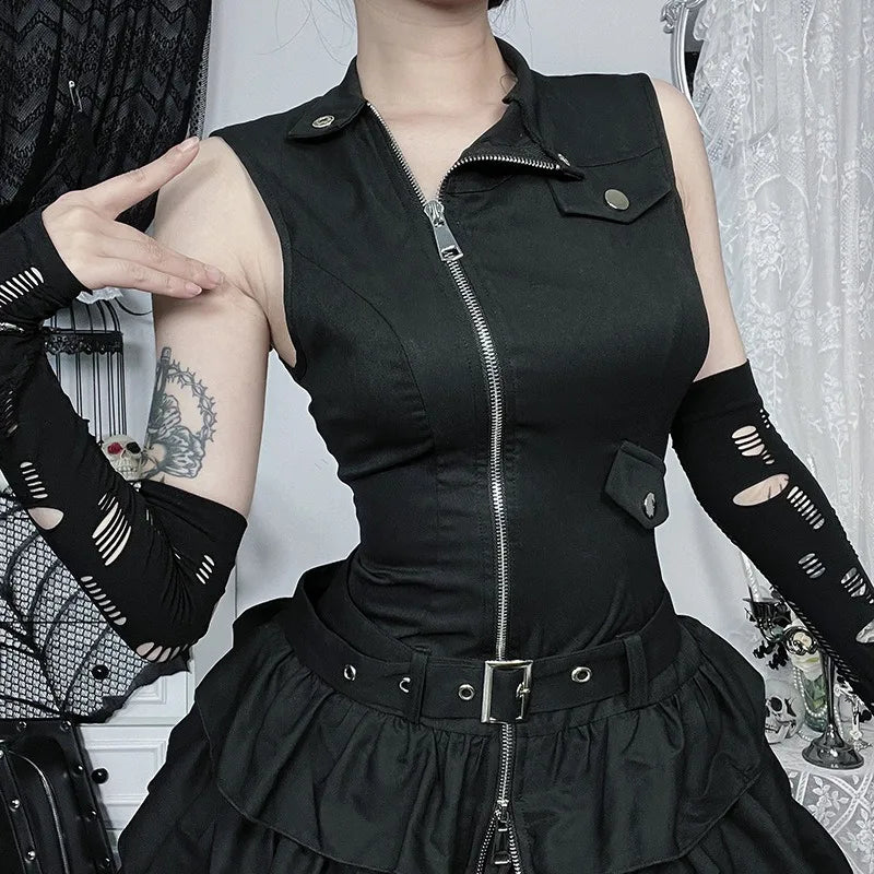 Kimutomo y2k sem mangas punk vestido feminino vintage harajuku suporte pescoço zíper mini vestidos de verão babados grunge festa gótica