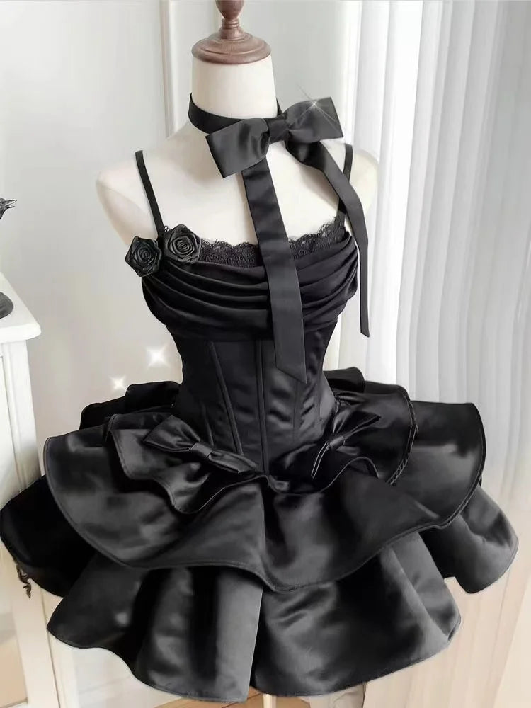 Vestido Gótico Vintage Japonês E-girl para Mulheres, Vestido Mini com Gola Alta, Manga Curta, Laço e Renda, Cintura Ajustada, Vestido Preto Doce e Picante