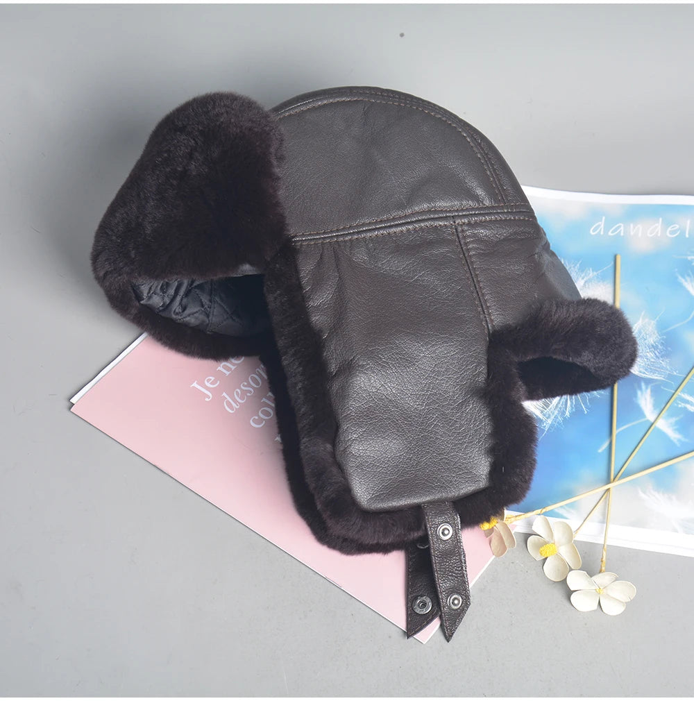 Novo unissex real rex pele de coelho bombardeiro chapéu ushanka boné trapper russo das mulheres dos homens chapéus de esqui bonés de couro de pele de carneiro real inverno quente
