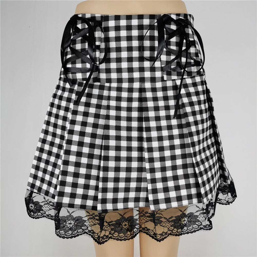 FICHOR-Mulheres Góticas Renda Ruffle Mini Saias, Harajuku, Fairy Grunge, Xadrez Rosa, Plissado, Japonês Lolita Streetwear, Mall Goth