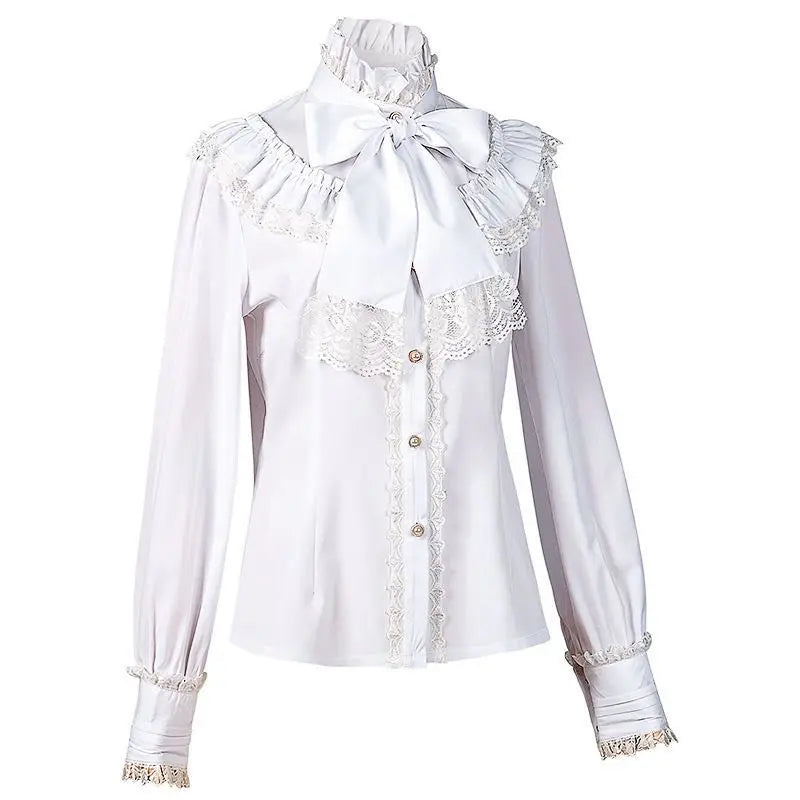 Nova Chegada Verão 2026: Blusa Feminina Vintage com Gola Franzida, Gola Alta, Detalhe em Renda e Botões – Elegante Estilo Gótico