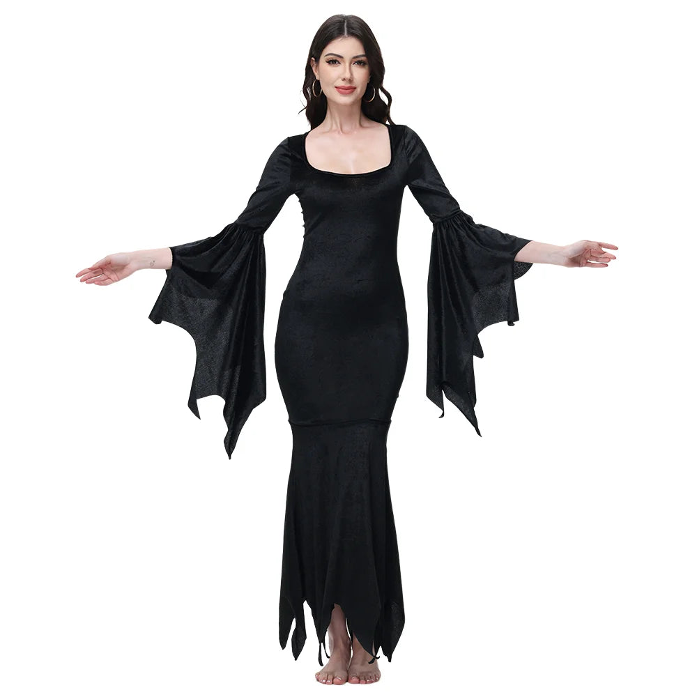 [You're My Secret] Halloween Morticia Adams Primate Black Adams Family Dress Retro Gótico Manga Alargada Vestido rabo de peixe