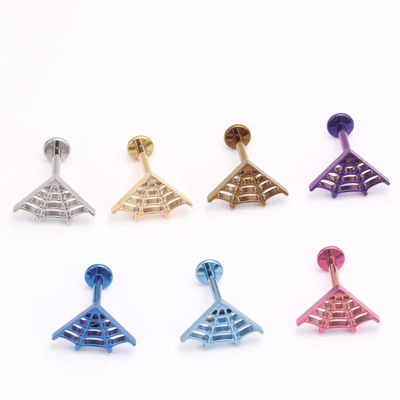 Astm f136 titânio grande aranha web laboratório piercing punk gótico orelha helix plana tragus piercing labret festa de halloween jóias do corpo