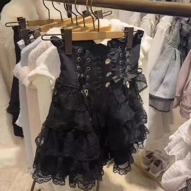 Minissaia Feminina Estilo Lolita Doce Japonês, Retro Elegante, com Renda e Faixas, Saias de Festa em Camadas, Gótica Y2k com Fivelas Metálicas