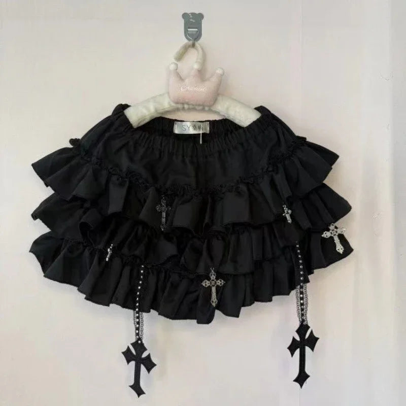 Y2k gótico punk preto branco saia curta feminina quente pintainho escuro bolinhas plissado bolo saia feminina doce chique lolita saias de renda