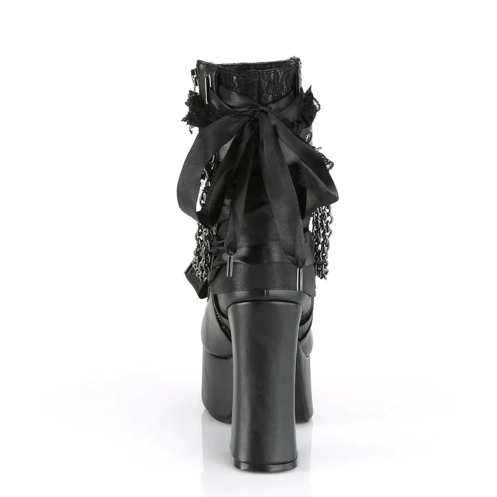 Estilo gótico corrente rendas até arco botas curtas femininas retro dedo do pé redondo salto quadrado plataforma grossa tornozelo botas punk senhoras sapatos de festa