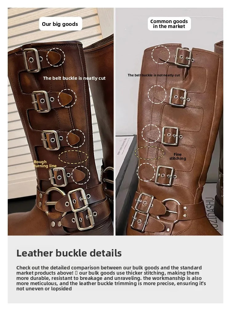 Botas Altas de Couro Genuíno para Mulheres com Fivela de Metal, Bico Quadrado, Estilo Punk, Salto Grosso, Botas de Motociclista