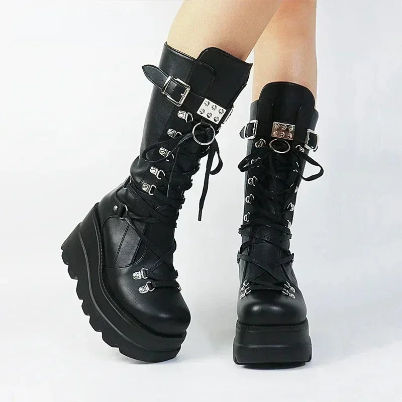 Mulheres botas altas cosplay meados de bezerro botas de plataforma alta cunhas botas 2025 outono inverno novo designer sapatos góticos para mulher botas