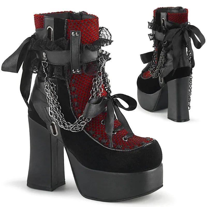 Estilo gótico corrente rendas até arco botas curtas femininas retro dedo do pé redondo salto quadrado plataforma grossa tornozelo botas punk senhoras sapatos de festa