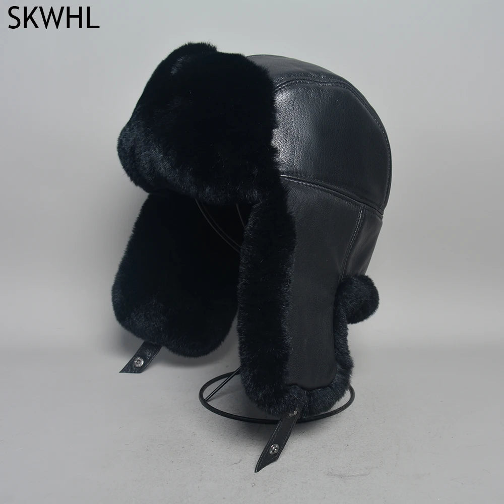 Novo unissex real rex pele de coelho bombardeiro chapéu ushanka boné trapper russo das mulheres dos homens chapéus de esqui bonés de couro de pele de carneiro real inverno quente