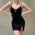 Vintage veludo cinta de espaguete vestidos femininos sexy rendas cintura alta fenda bodycon vestido mulher goth festa clube com decote em v mini vestido