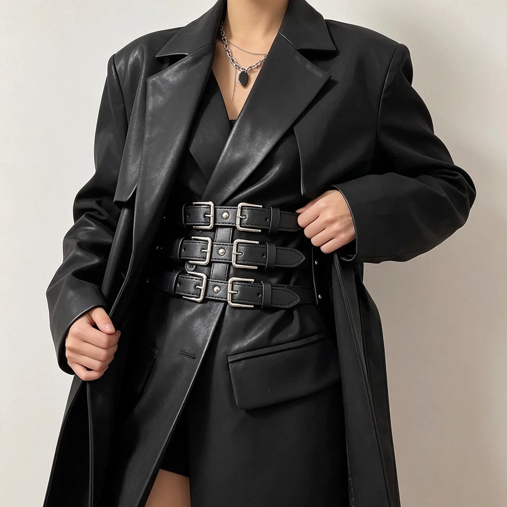 Novo Cinto Largo Punk Preto em Couro PU para Mulheres, Cintos Modeladores de Cintura Alta Elásticos, Cintos Pretos para Vestidos Femininos.