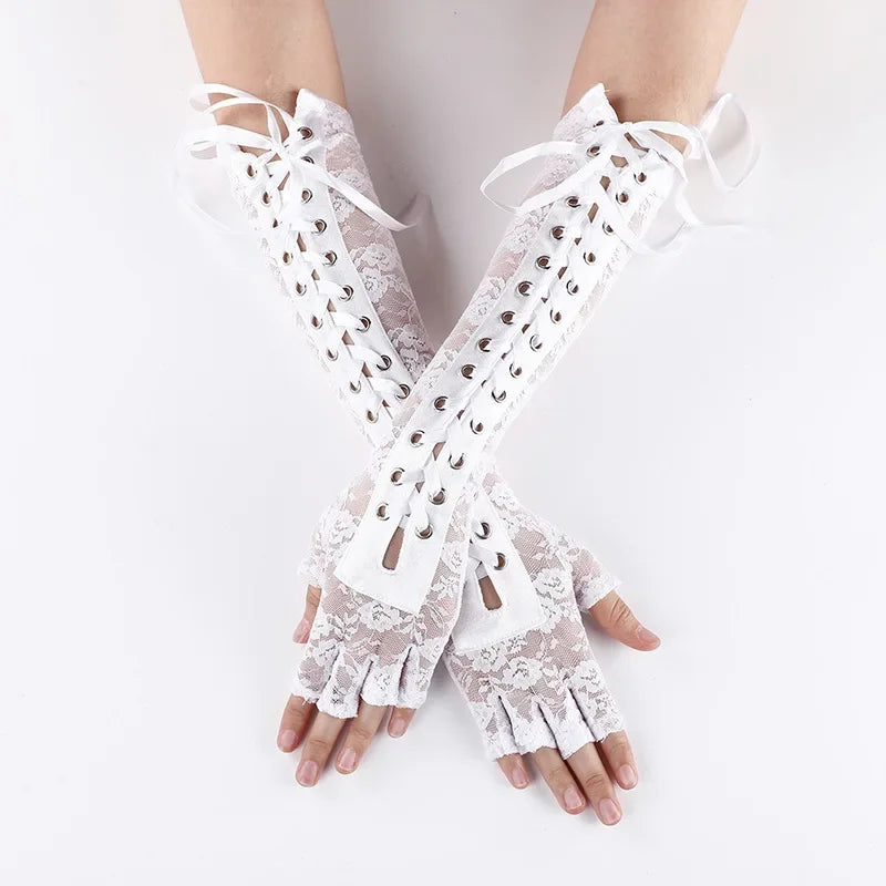 Luvas de Renda Gótica Fishnet até o Cotovelo