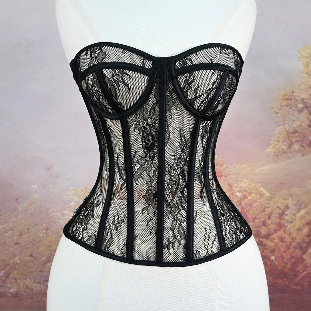Aço osso korset mulher oco para fora sutiã de renda sem alças bustier superior malha lingerie feminina preto branco biege espartilho