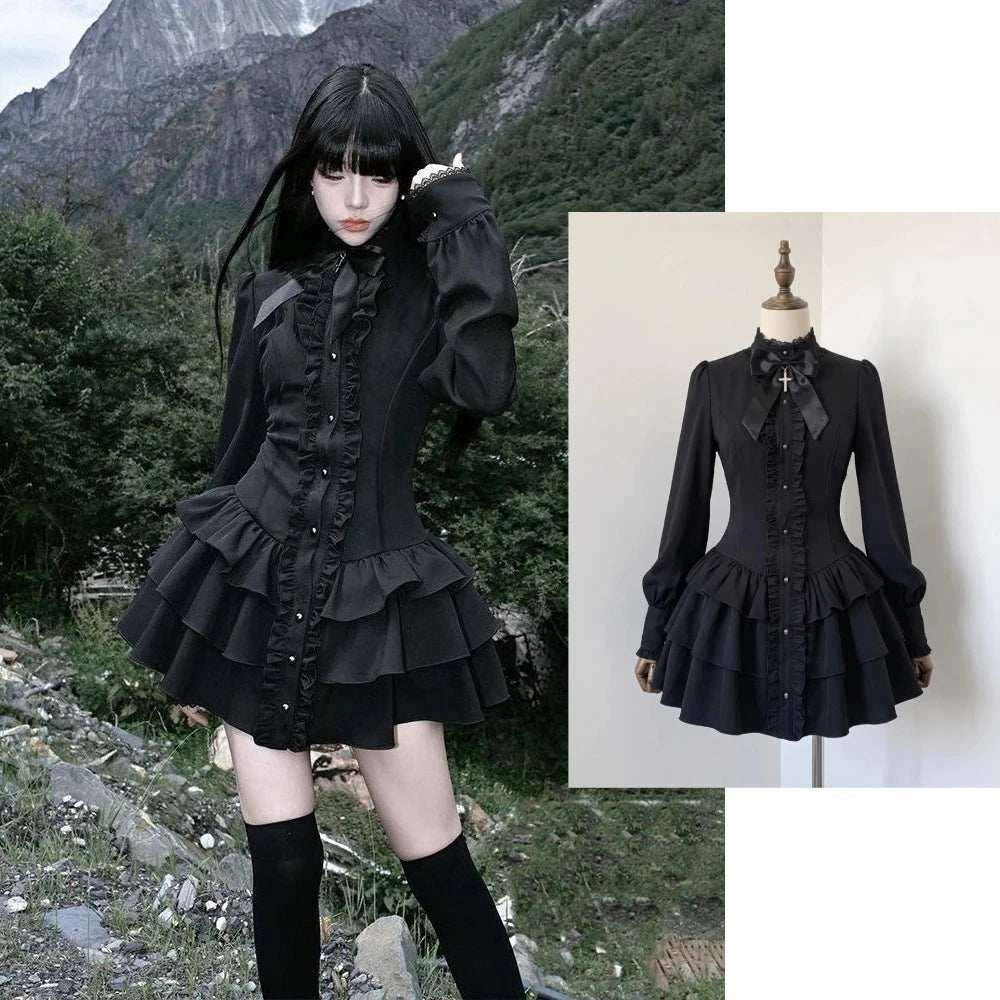 Vestido Gótico Punk com Babados e Mangas Flare, Laço Frontal, Mini Vestido em Camadas, Estilo Gótico Vintage Americano Anos 2000, Moda Casual Feminina Streetwear 2026
