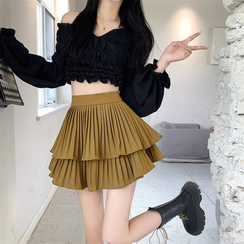 Saias Femininas com Camadas e Babados, Minissaia com Detalhes Cruzados, Shorts Embutidos, Skort Japonês Kawaii, Estilo Gótico Punk Y2K, Harajuku Anos 90, Sexy