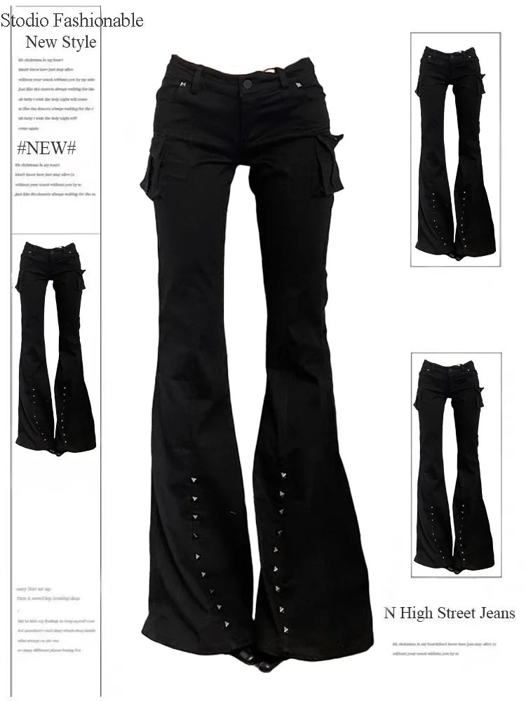 Mulheres escuro academia goblin núcleo calças compridas gyaru goth baixo aumento alargamento calças y2k streetwear estiramento japonês harajuku grunge