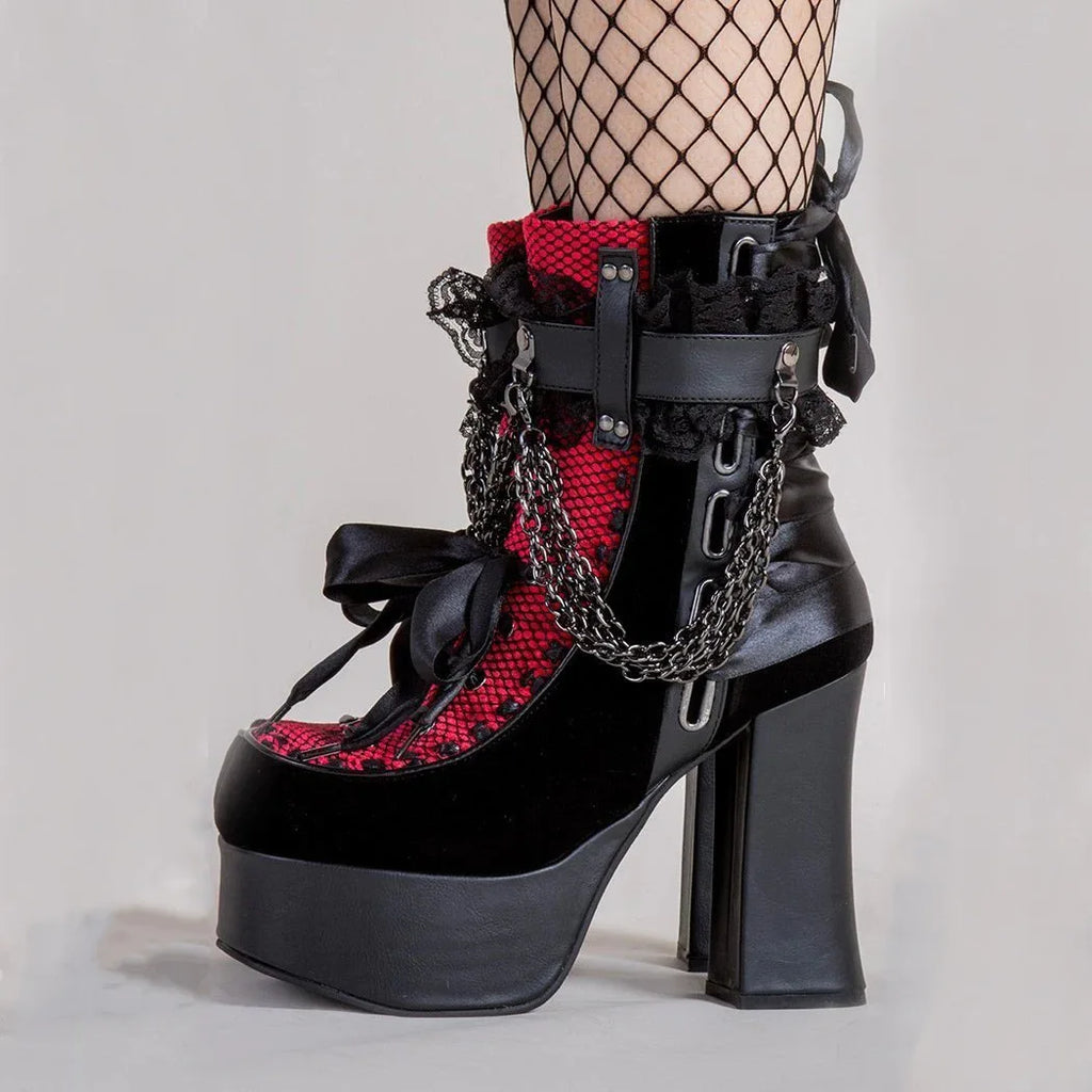 Estilo gótico corrente rendas até arco botas curtas femininas retro dedo do pé redondo salto quadrado plataforma grossa tornozelo botas punk senhoras sapatos de festa