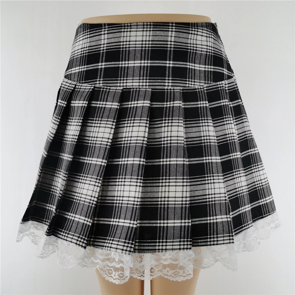 FICHOR-Mulheres Góticas Renda Ruffle Mini Saias, Harajuku, Fairy Grunge, Xadrez Rosa, Plissado, Japonês Lolita Streetwear, Mall Goth