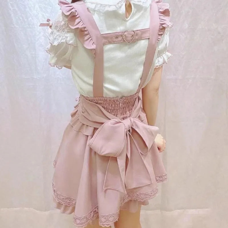 Saia Curta de Suspensório com Laço Estilo Gótico Japonês Lolita, Saia Xadrez Doce e Fofa para Meninas, Saia Mini em A com Renda, verão2026, preta sólida, kawaii