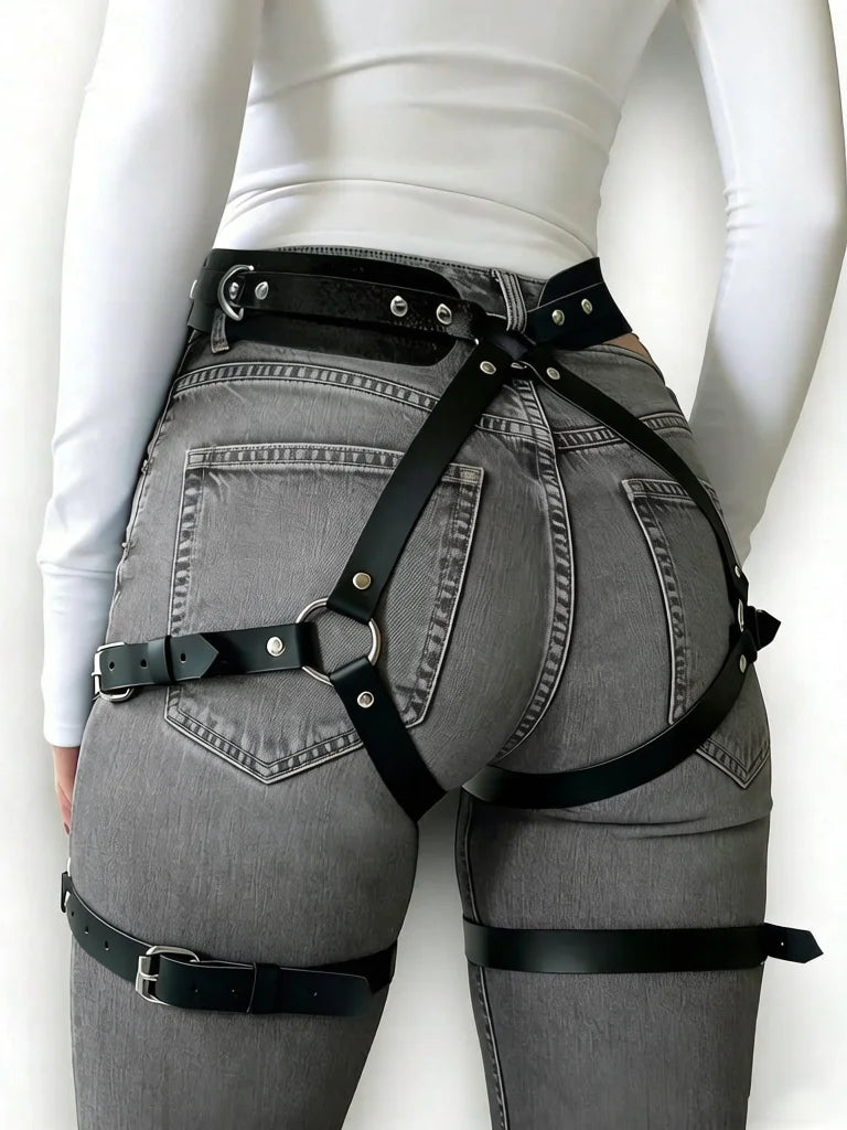 Moda feminina couro do plutônio perna arnês corpo arnês peito punk gótico perna liga cintos gótico cinto roupas accessor