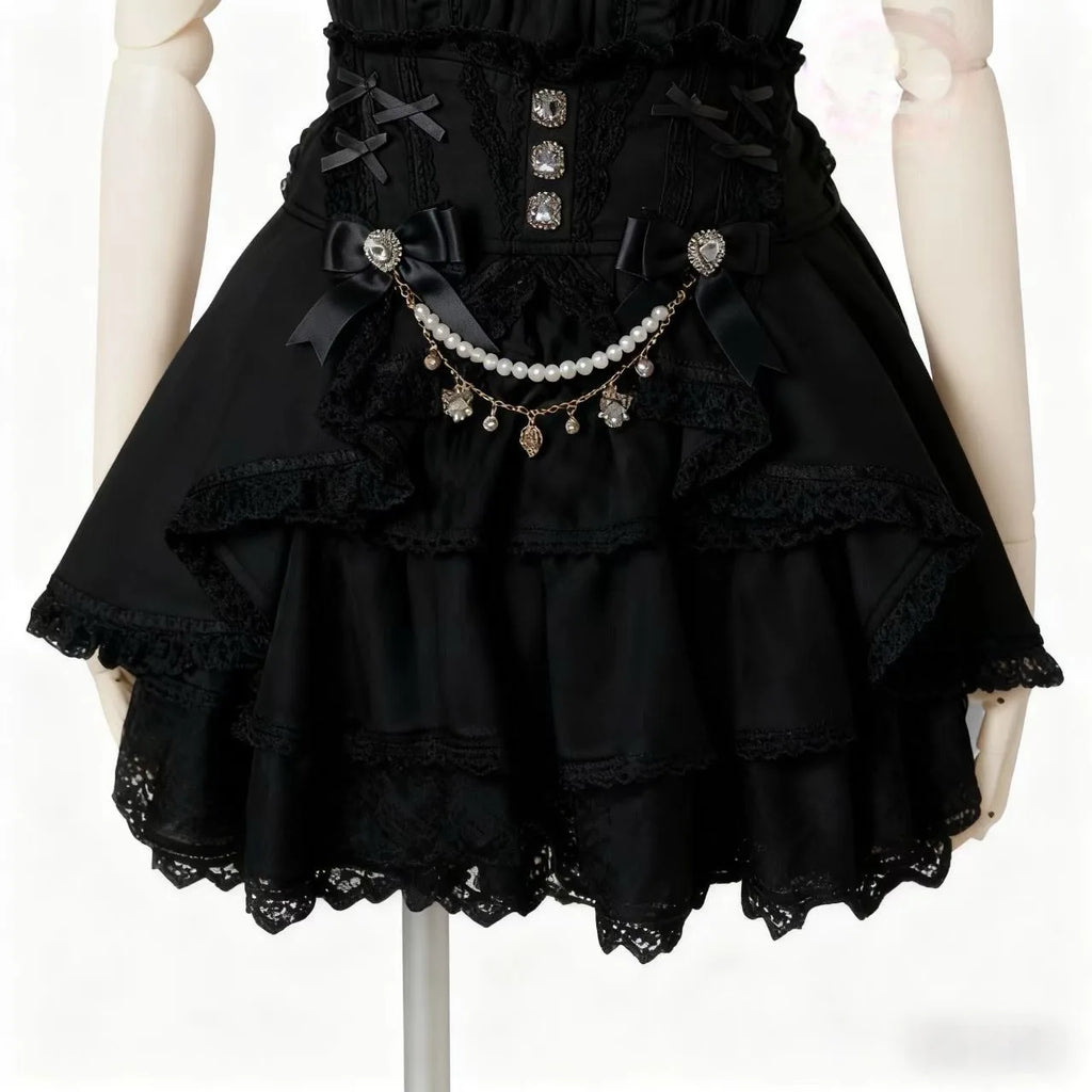 Minissaia Feminina Estilo Lolita Doce Japonês, Retro Elegante, com Renda e Faixas, Saias de Festa em Camadas, Gótica Y2k com Fivelas Metálicas