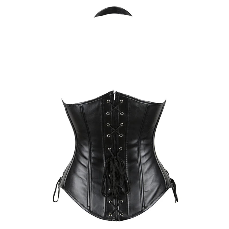 Mulheres preto underbust espartilho topos sexy halter plutônio falso couro cintura trainer corpo shaper corselet colete preto prata