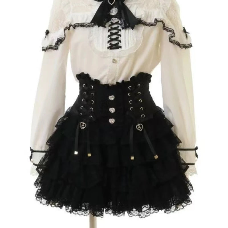 Minissaia Feminina Estilo Lolita Doce Japonês, Retro Elegante, com Renda e Faixas, Saias de Festa em Camadas, Gótica Y2k com Fivelas Metálicas