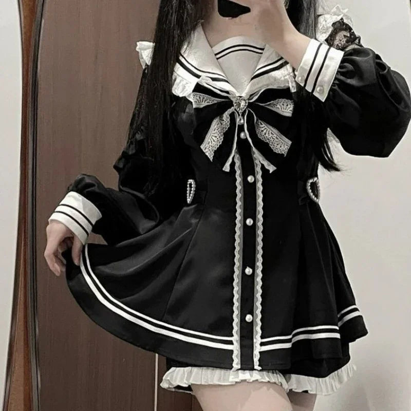 Y2k estética lolita estilo arco vestido shorts conjunto japonês feminino gótico renda alargamento manga botão camisa vestido punk festa mini vestido