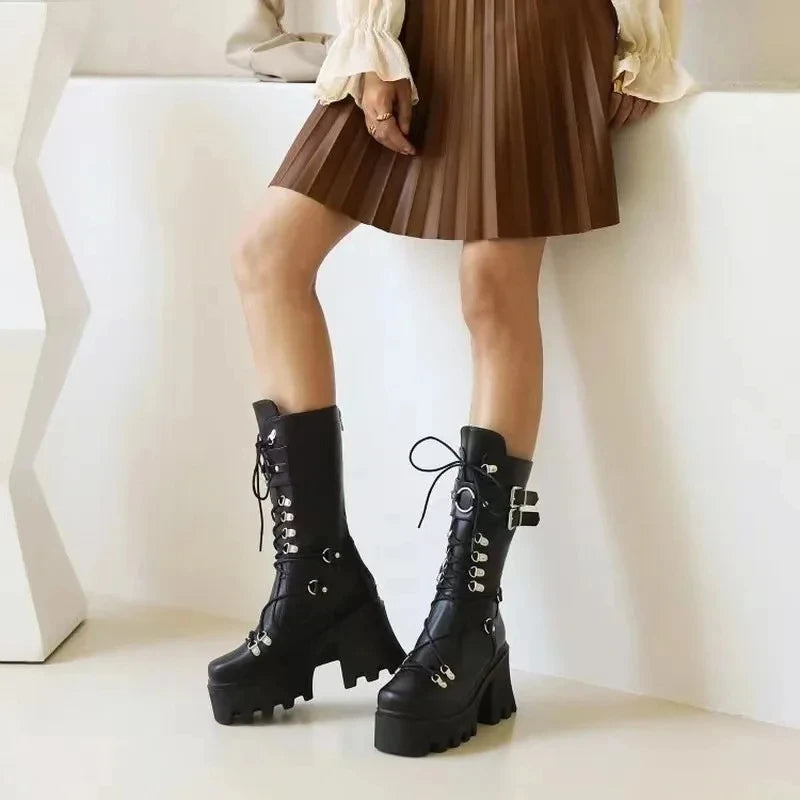 Mulheres botas altas cosplay meados de bezerro botas de plataforma alta cunhas botas 2025 outono inverno novo designer sapatos góticos para mulher botas